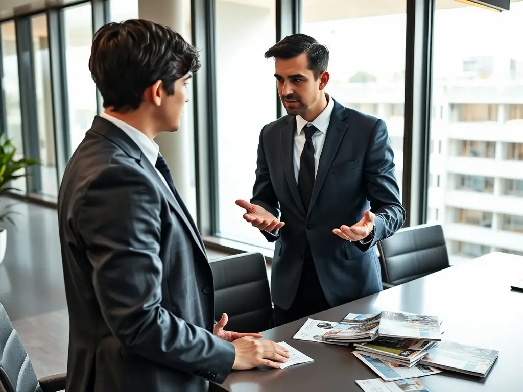A professional real estate agent from Platinum Dynamics consulting with a client in a modern office setting, emphasizing expert guidance.