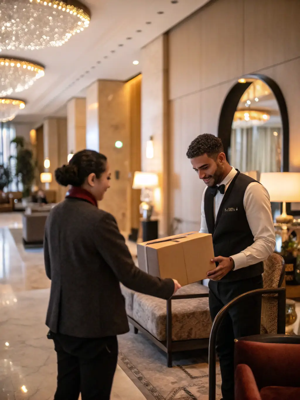 A sharply dressed concierge in a modern office building lobby, assisting a client with their travel arrangements, showcasing Platinum Dynamics' travel concierge services.