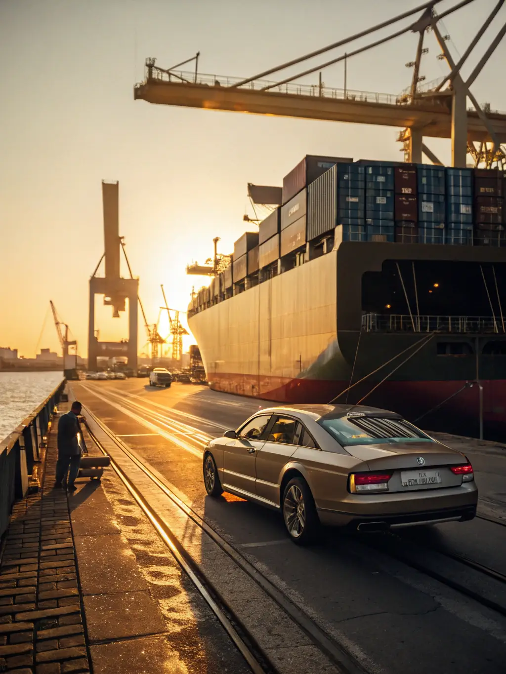 A luxury car being loaded onto a transport ship, symbolizing Platinum Dynamics' vehicle import/export services.