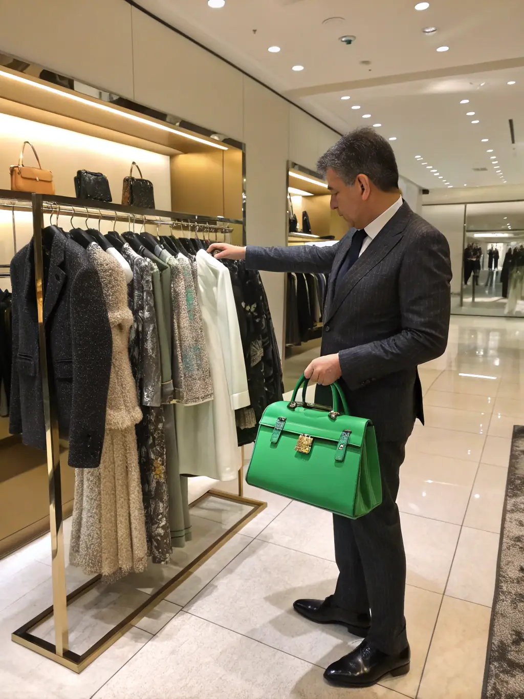 A personal shopper selecting high-end items for a client in a luxury boutique, representing Platinum Dynamics' personal shopping concierge service.