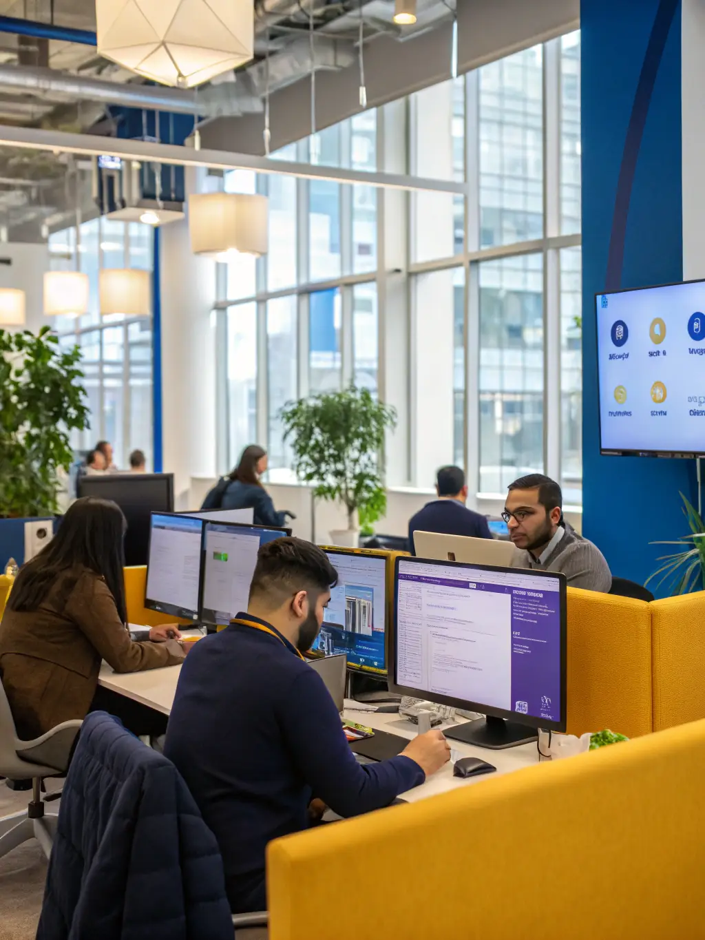 A modern office space with people working on computers, representing Platinum Dynamics' digital services division.